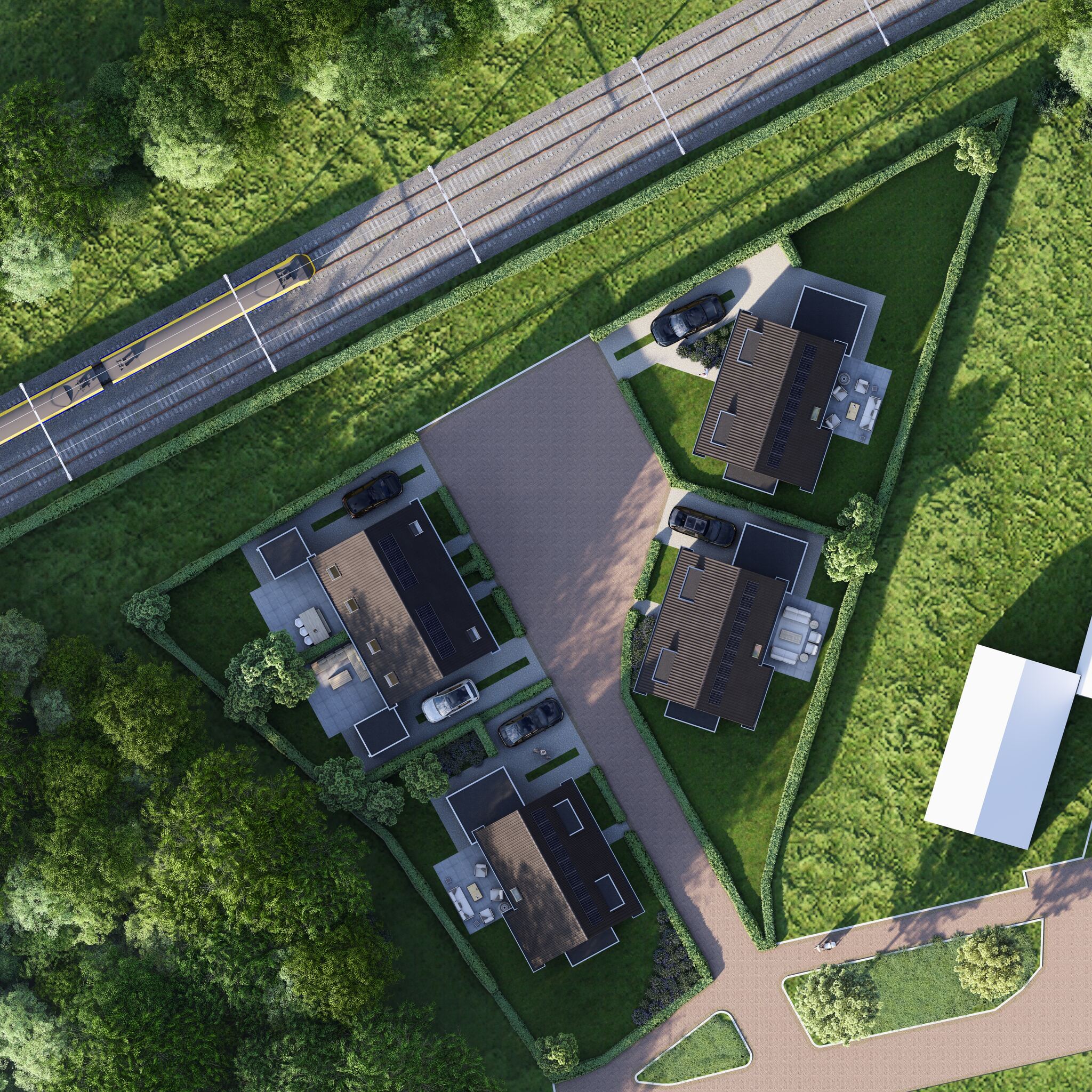 Plattegrond van het nieuwbouwplan met de vijf woningen en de tuinen