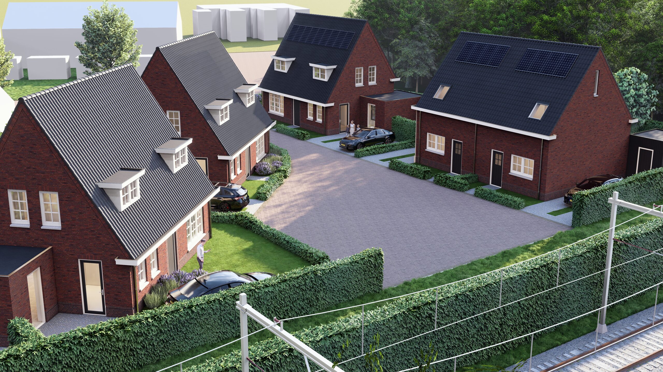 Overzicht van het nieuwbouwplan met de twee-onder-een-kapwoningen