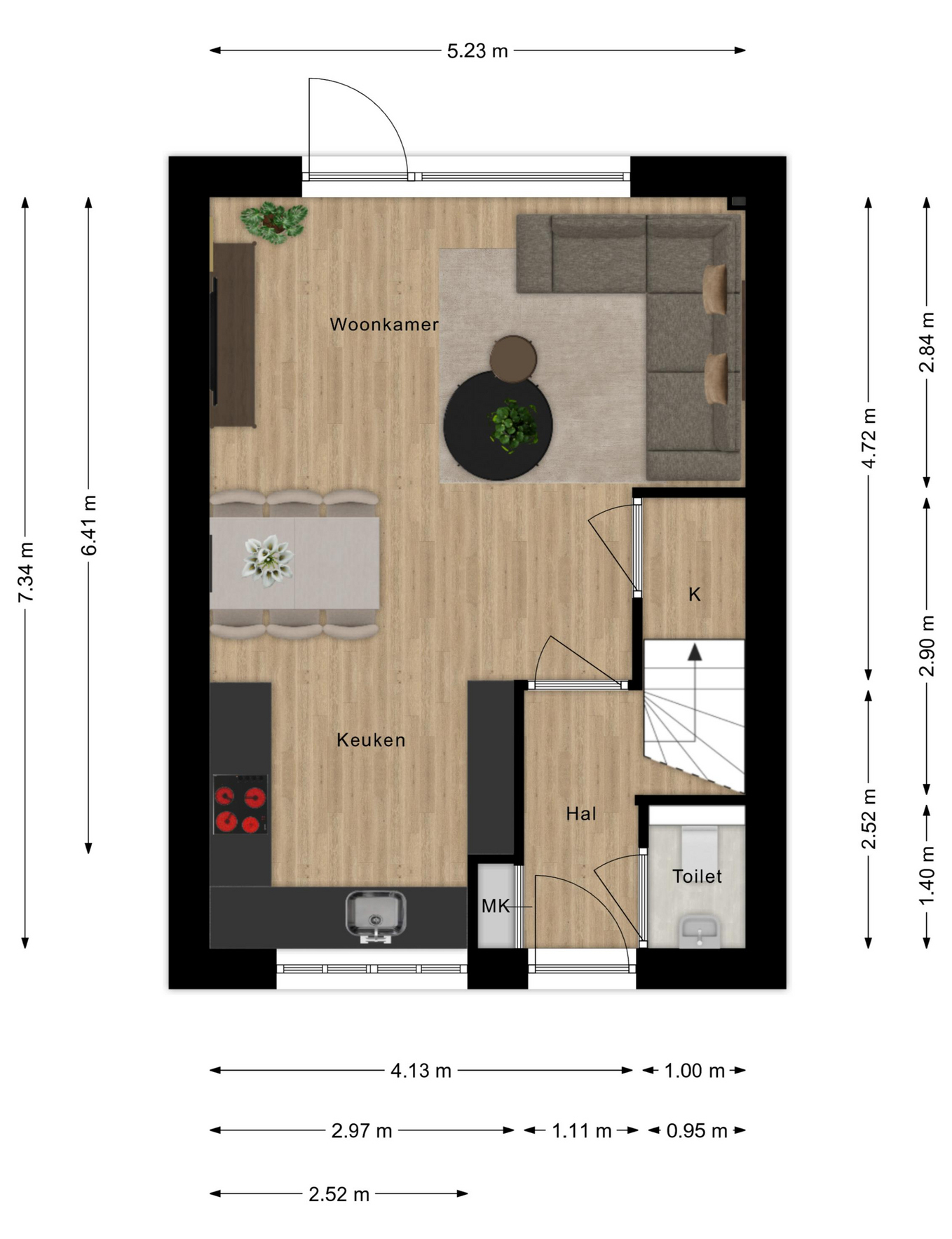 Begane grond plattegrond van een dubbele woning
