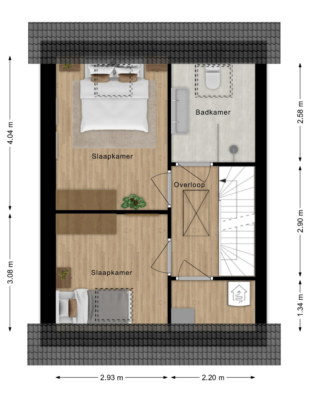 Eerste verdieping plattegrond van een dubbele woning
